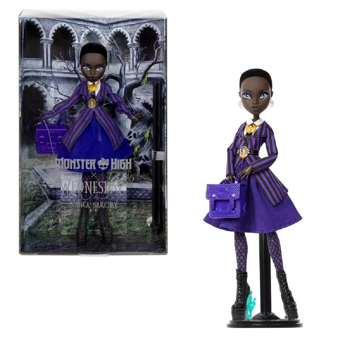Monster High x Mercredi Bianca Barclay Poupée à Collectionner en Uniforme de pensionnaire de Nevermore avec amulette de sirène Sac à Dos et Socle pour poupée JDR71 - vue 8