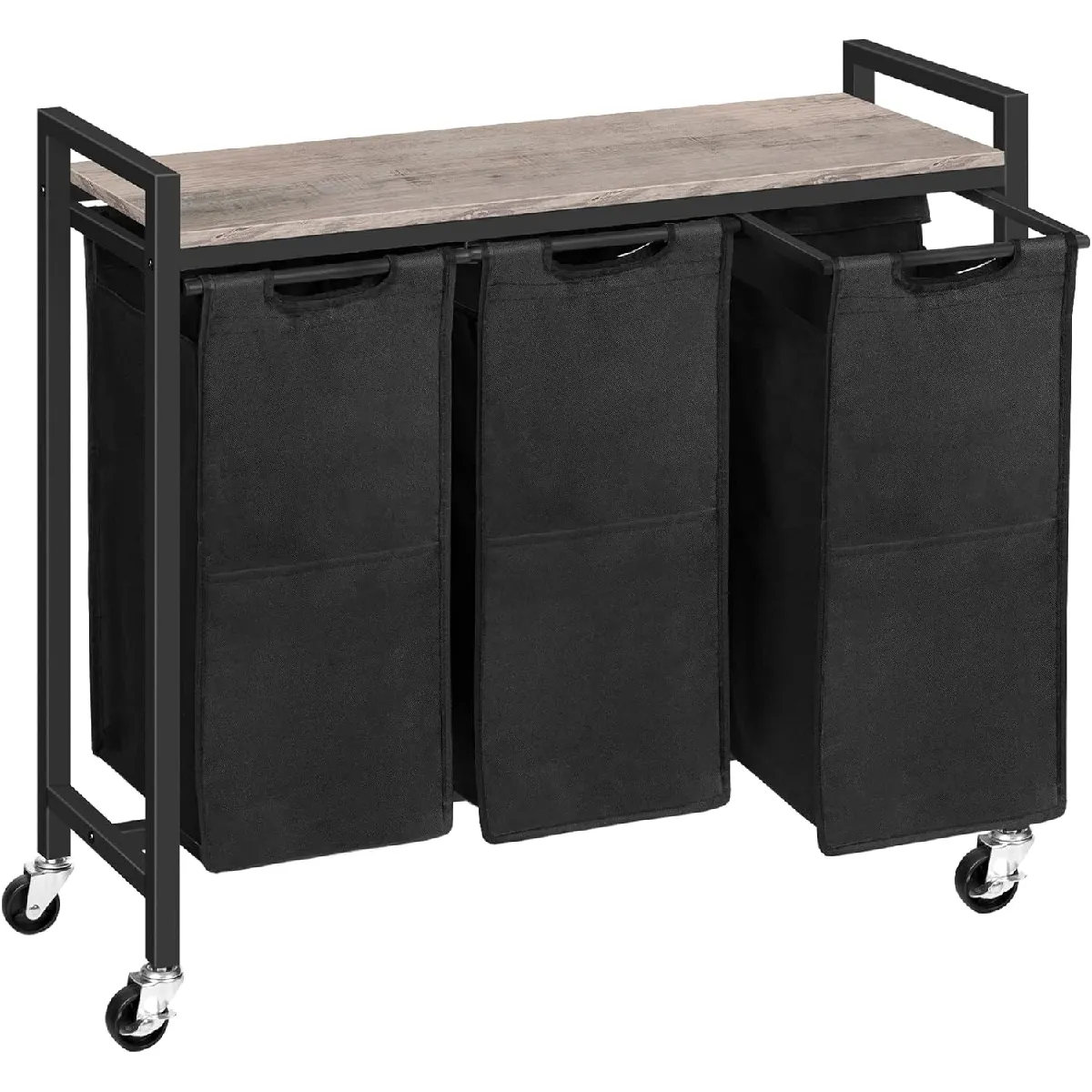Vendos85 Noir Panier À Linge 3 Compartiments Sur Roulettes