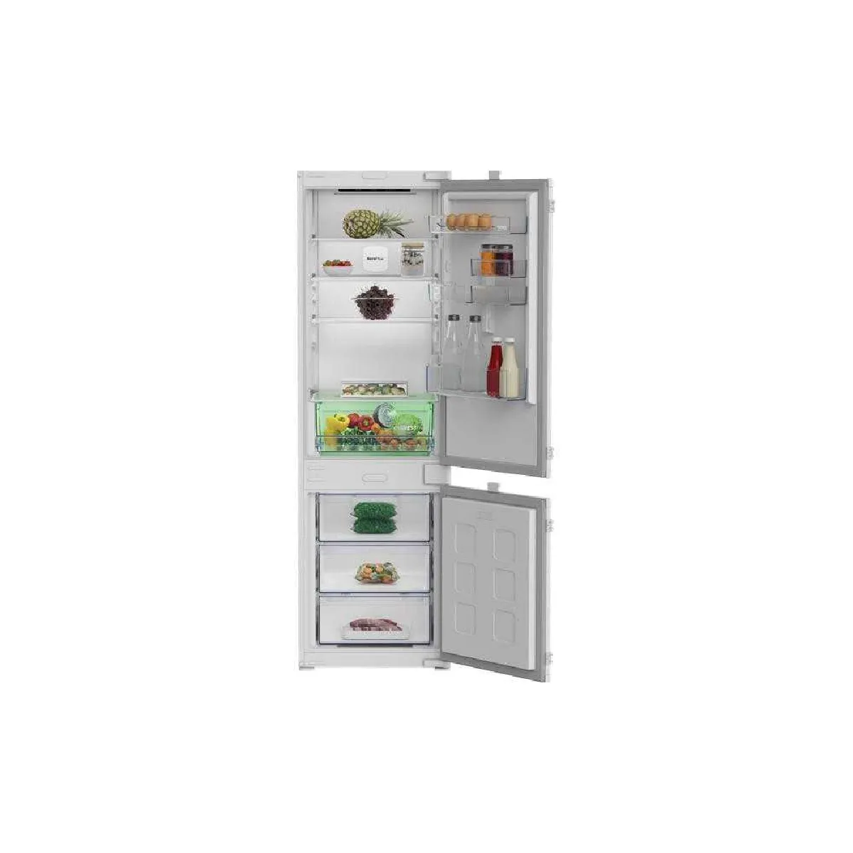 Refrigerateur Integrable Combine Froid ventile AeroFlow Volume total litres : 270 194 + 76 Classe E Alarme de porte ouverte 3 tiroirs Bac a glacons 1 bac a legumes 3 clayettes verre ajustables - vue 5