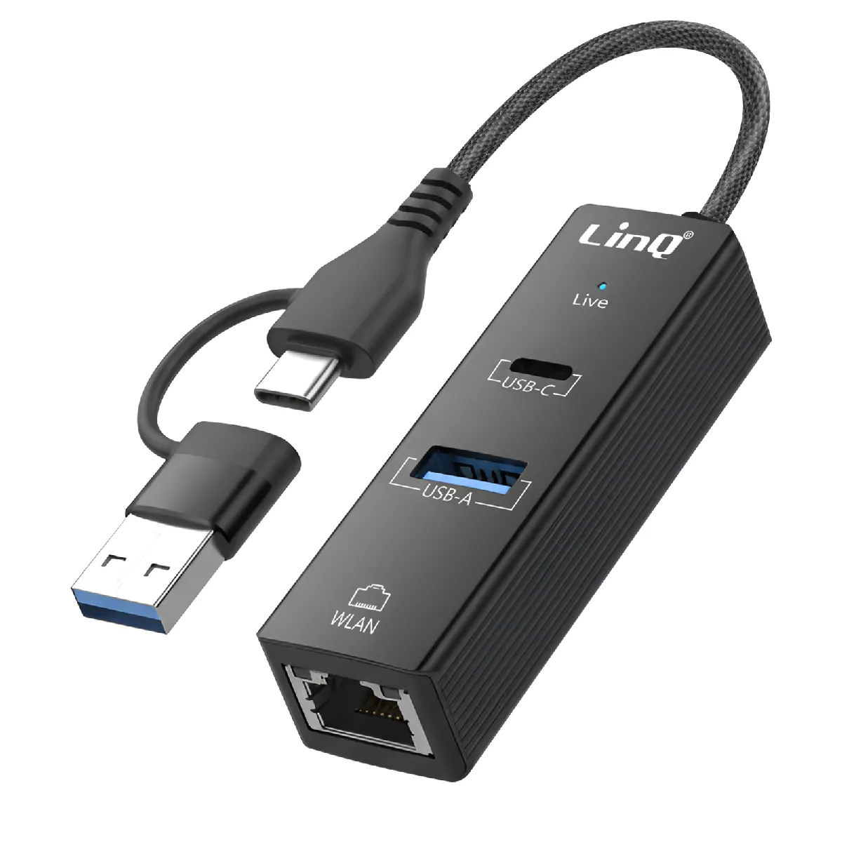 Linq Noir Hub Usb Usb-C 3-En-1 Avec Usb 2.0 / Usb-C Power Delivery / Ethernet Rj45 - Neuf - Image 2