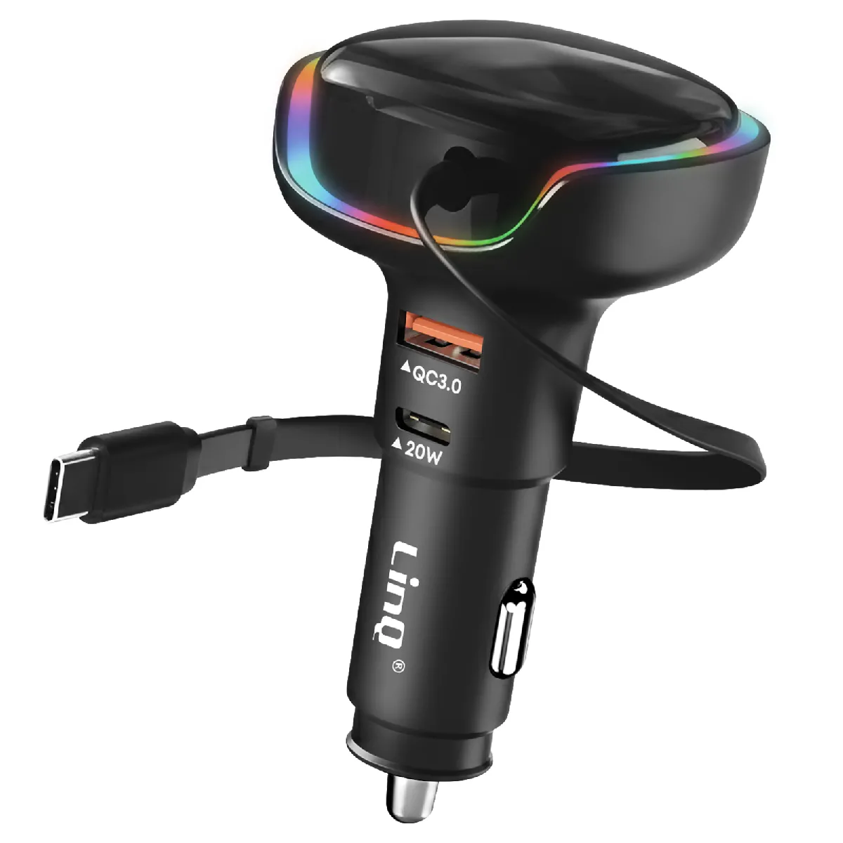 Linq Noir Chargeur Voiture Usb-C 20W Et Usb Qc 3.0 Avec Anneau Led Et Câble Type-C 30W