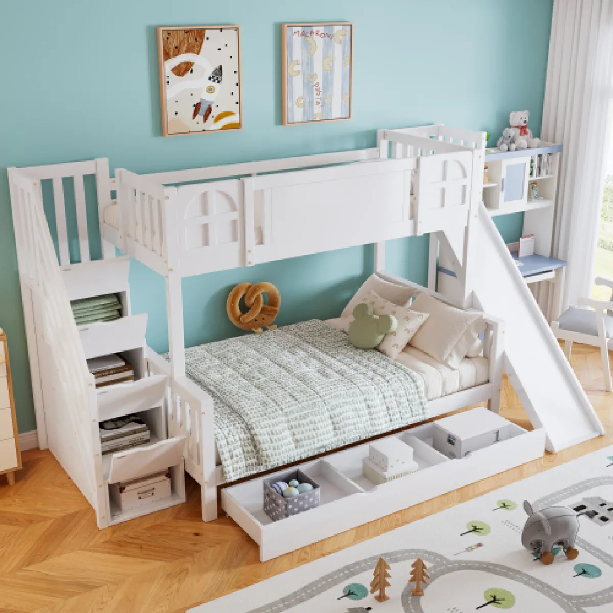 Lit superposé 90x200 cm avec tiroirs, toboggan et escalier, en bois, blanc
