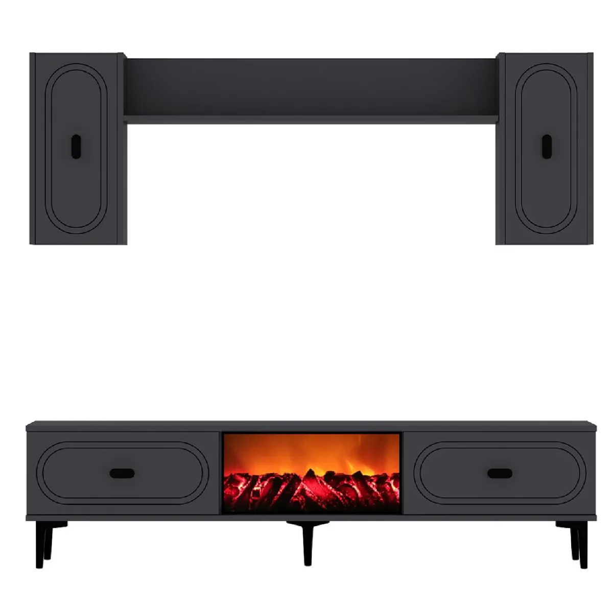 Ensemble meuble TV avec étagères murales et cheminée LED 150cm gris anthracite VIBRA