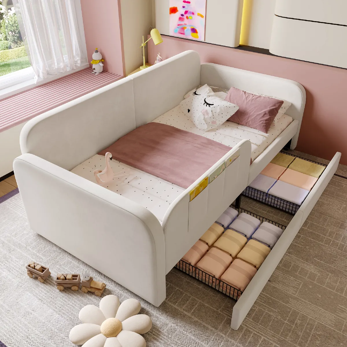 Lit enfant modulable capitonné, canapé-lit métal, 3 poches de rangement et 2 tiroirs, velours et MDF, blanc