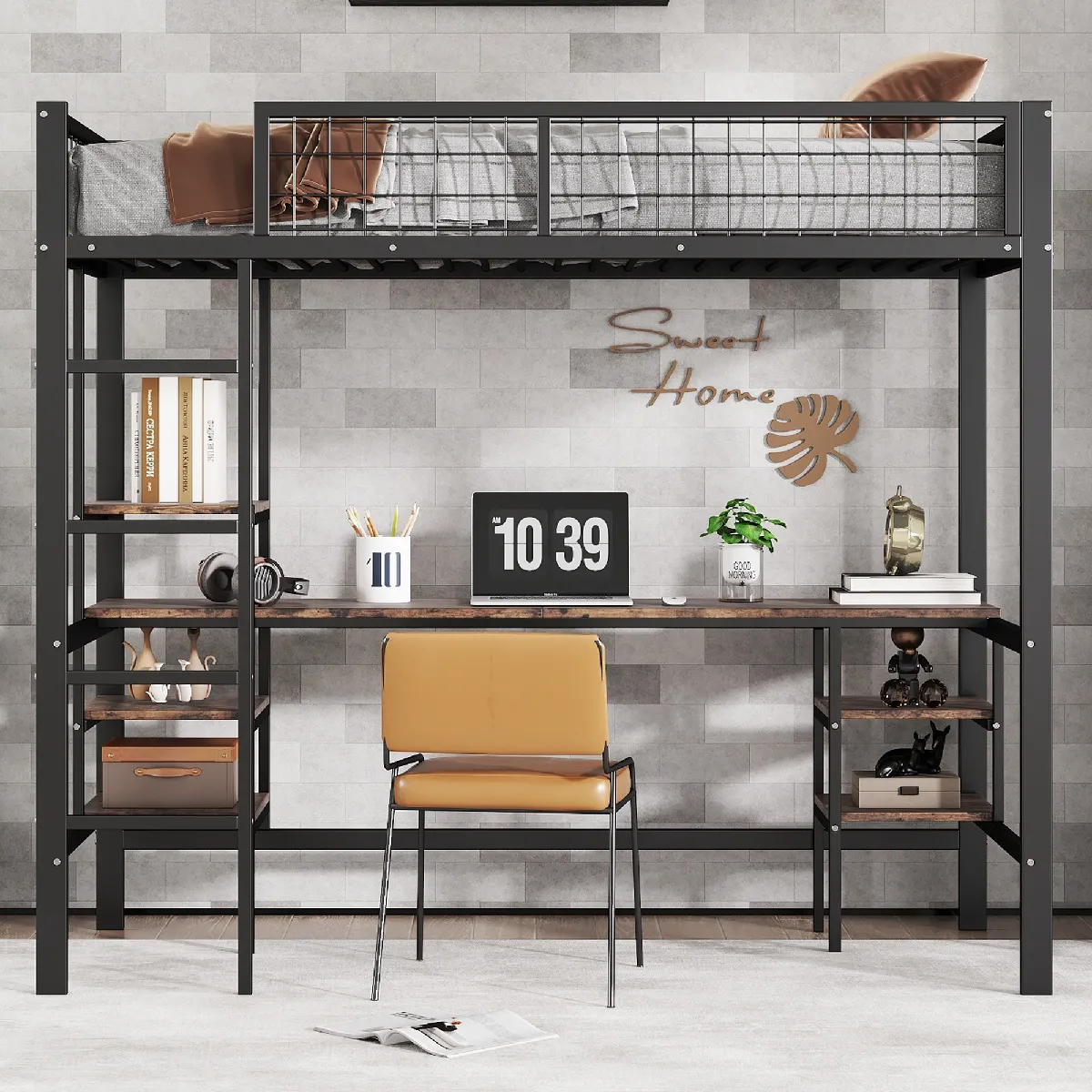 Lit superposé métal avec bureau, étagère et échelle, métal et panneau de particules, noir et bois foncé, 90x200 cm