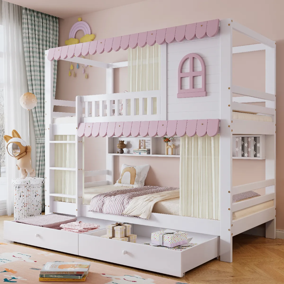 Lit superposé enfant avec fenêtre et rideau, 2 tiroirs à roulettes, étagère, pin et MDF, blanc et rose, 90x200 cm