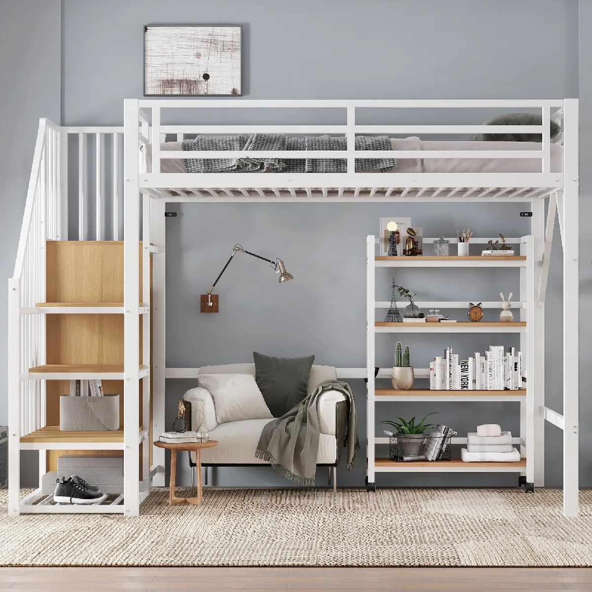 Lit mezzanine métal avec étagère à roulettes 4 niveaux, protection, armoire-échelle d'angle avec cintre, métal et MDF, blanc et bois, 90x200 cm
