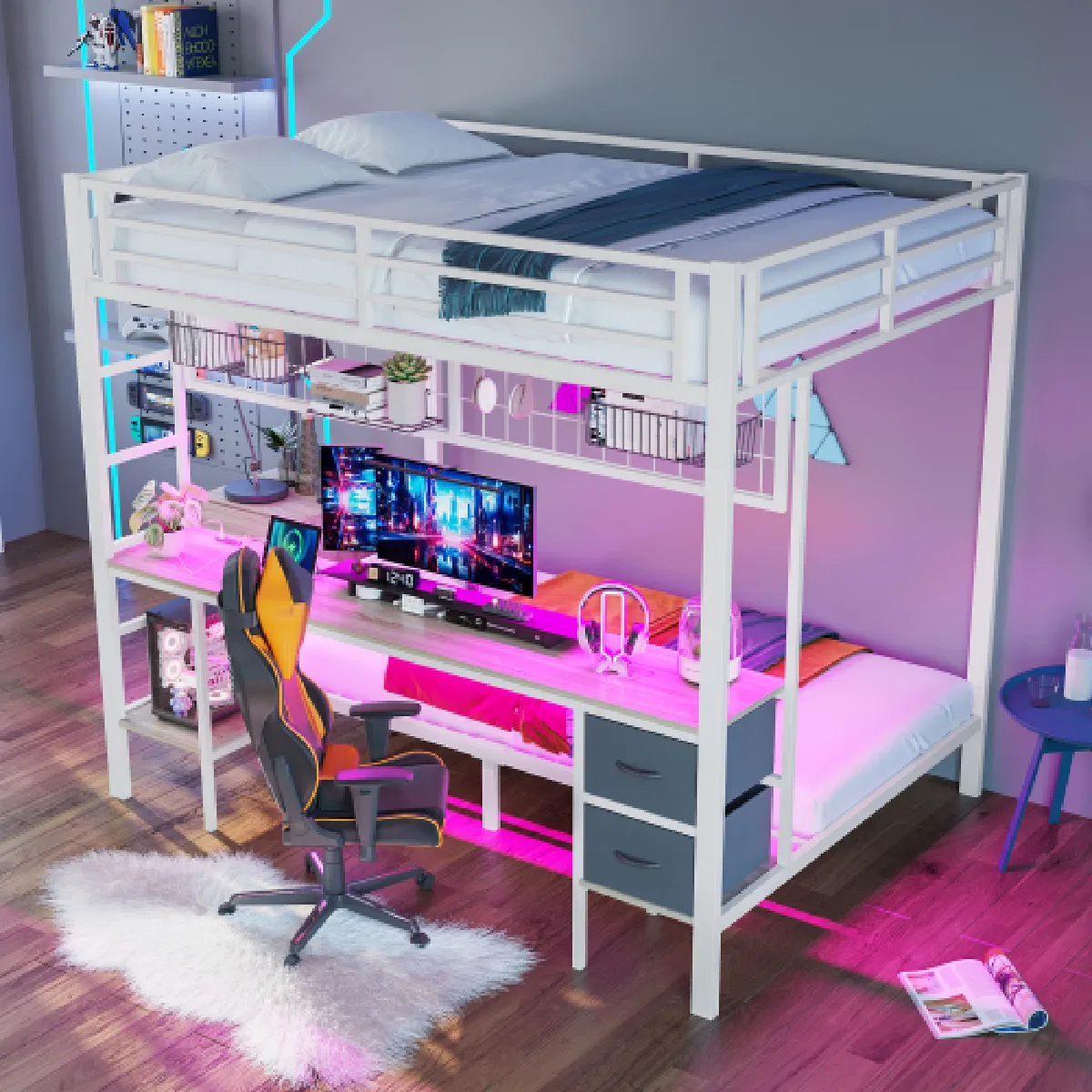 Lit superposé 140x200 cm avec tiroirs, bureau et LED, en métal, blanc