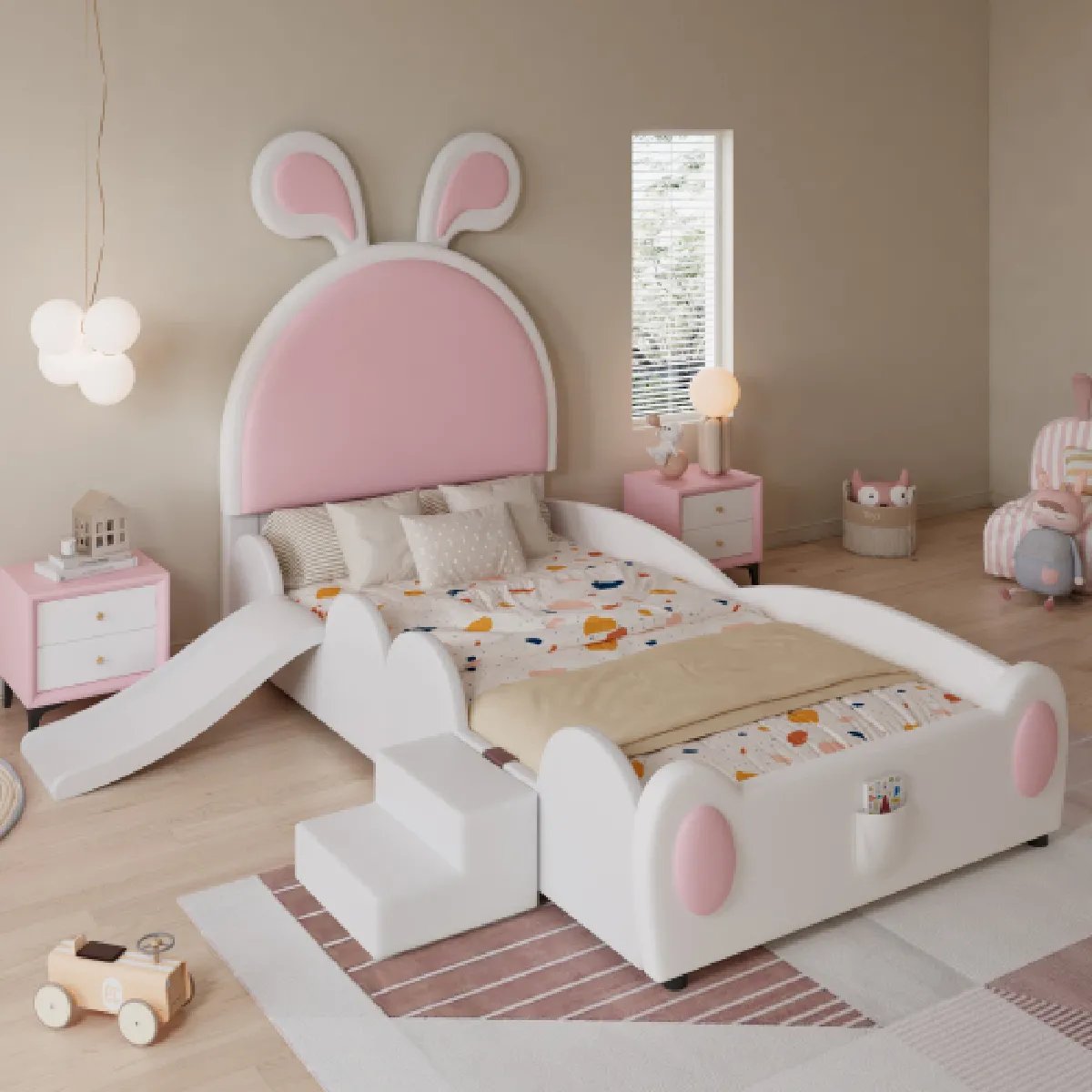 Lit enfant 90x200 cm avec escalier et toboggan, en similicuir, rose