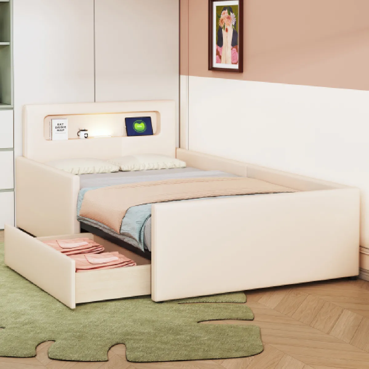 Lit enfant 90x200 cm avec veilleuse, USB et compartiments, en similicuir, beige