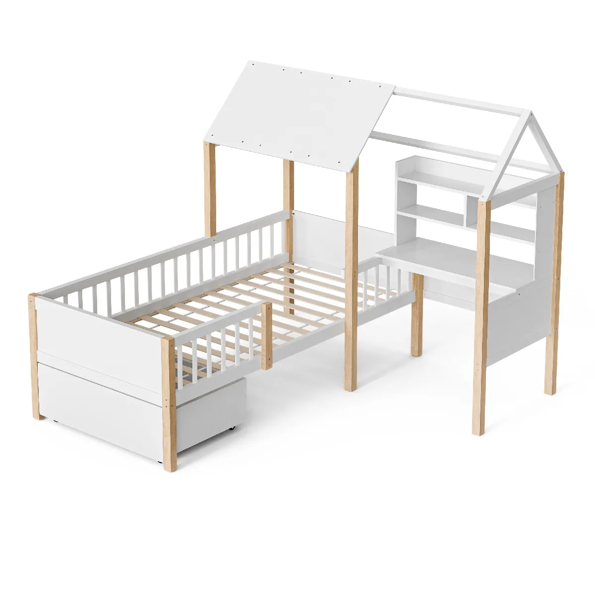 Lit cabane 90 x 200 avec barrière de sécurité et sommier à lattes, Lit enfant avec étagère, tiroirs à roulettes, bois massif,blanc