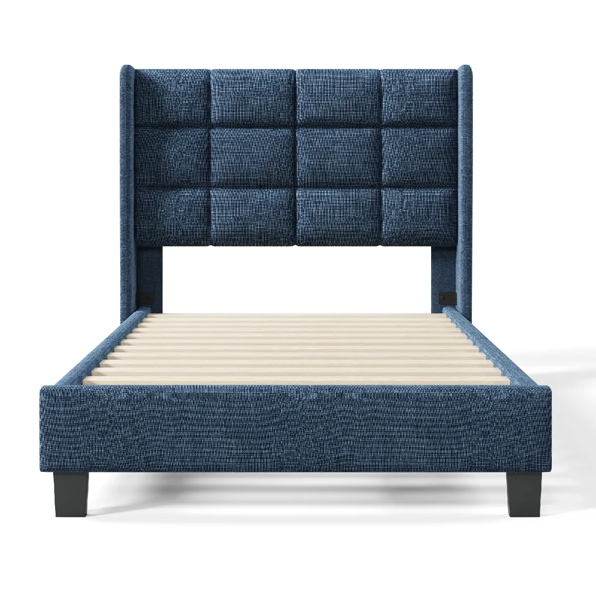 Lit simple 90x200 cm - Lit Capitonné avec Tête de Lit -Lit rembourré avec sommier à lattes - tissu en lin - bleu (Matelas non inclus)
