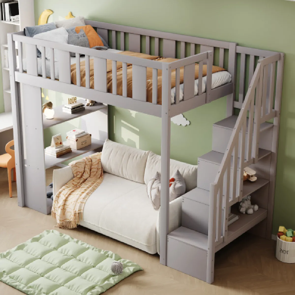 Lit mezzanine 90x200 cm avec escalier, en bois, gris