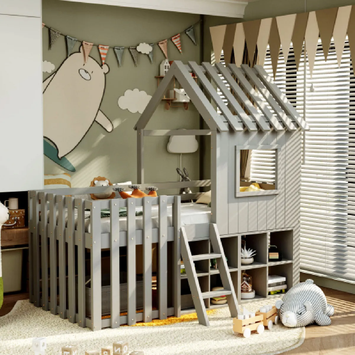 Lit mezzanine 90x200 cm avec toit et fenêtre, en bois, gris