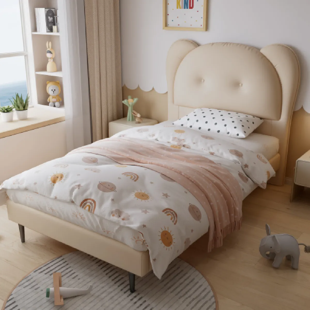 Lit enfant 90x200 cm avec tête de lit mignonne en forme d'animal, en similicuir, beige