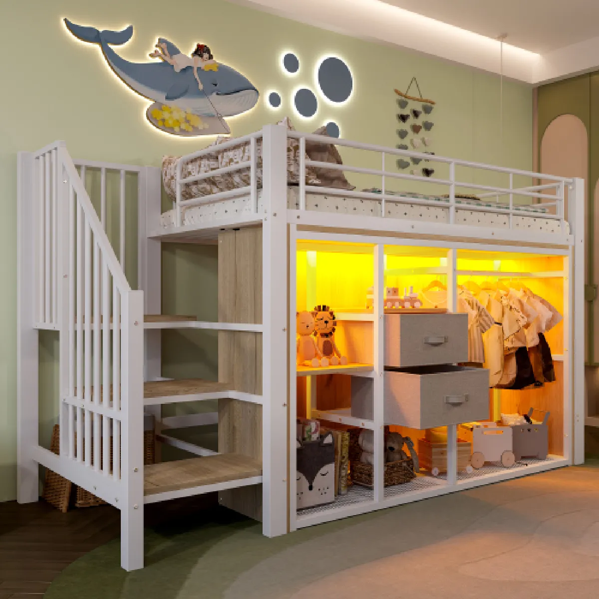 Lit Mezzanine Enfant 90x200 Avec Bureau - Éclairage LED, Échelle Rangement, Penderie - Métal Et MDF