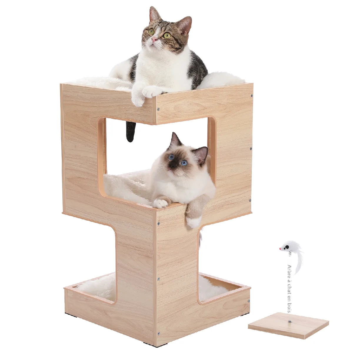 Arbre à Chat en Bois à Deux Niveaux Beige