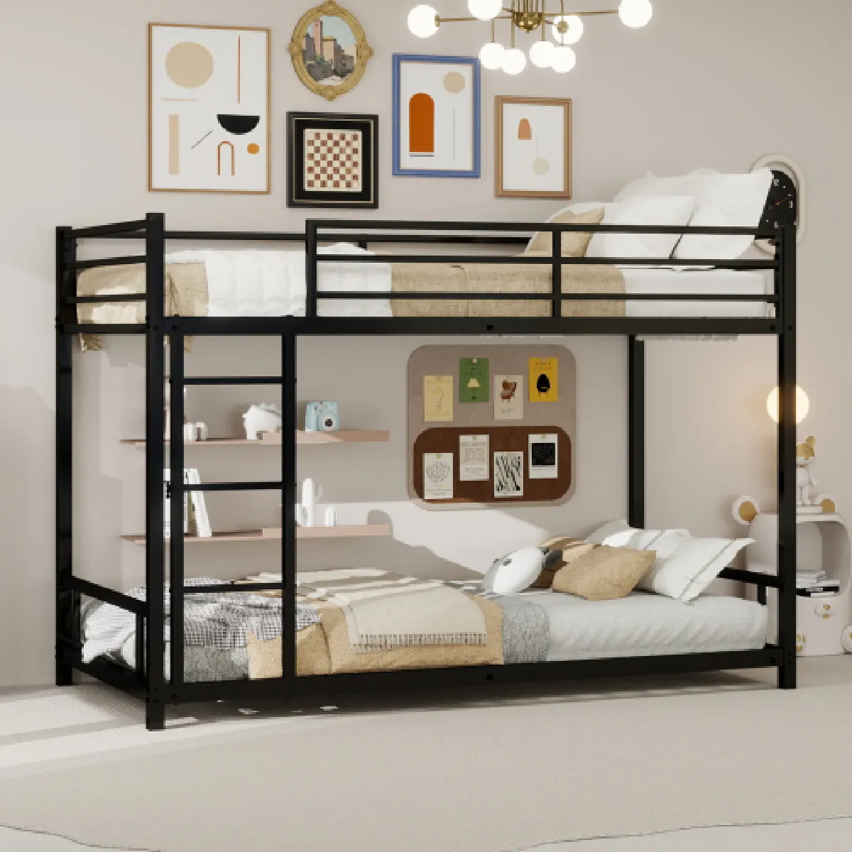 Lit superposé 90x190 cm avec barrière de sécurité, sommier non requis, en fer, noir
