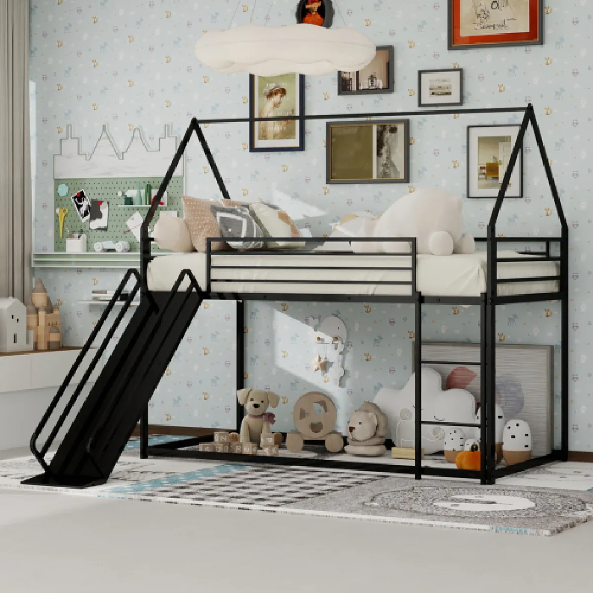 Lit superposé 90x190 cm avec toboggan et échelle, en fer, noir