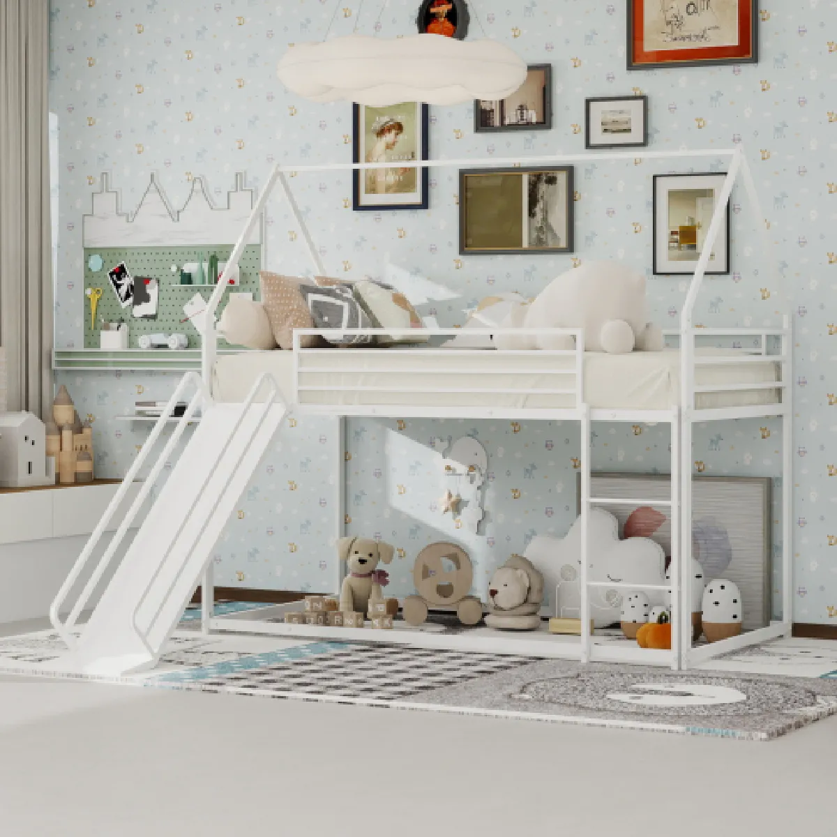 Lit superposé 90x190 cm avec toboggan et échelle, en fer, blanc