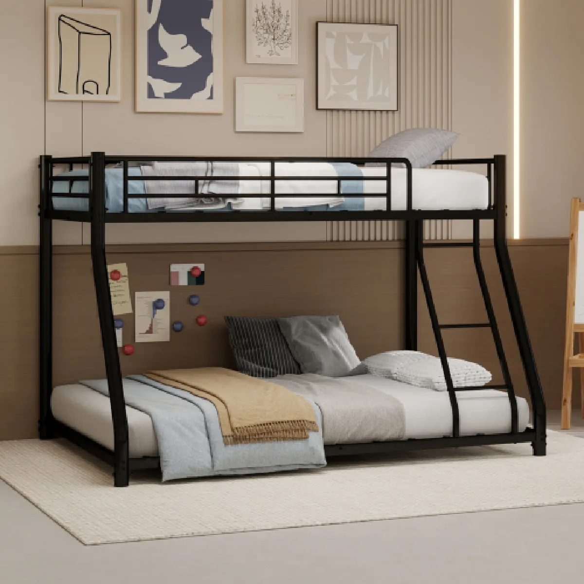 Lit superposé 90x190 cm avec barrière de sécurité sur toute la longueur, en fer, noir