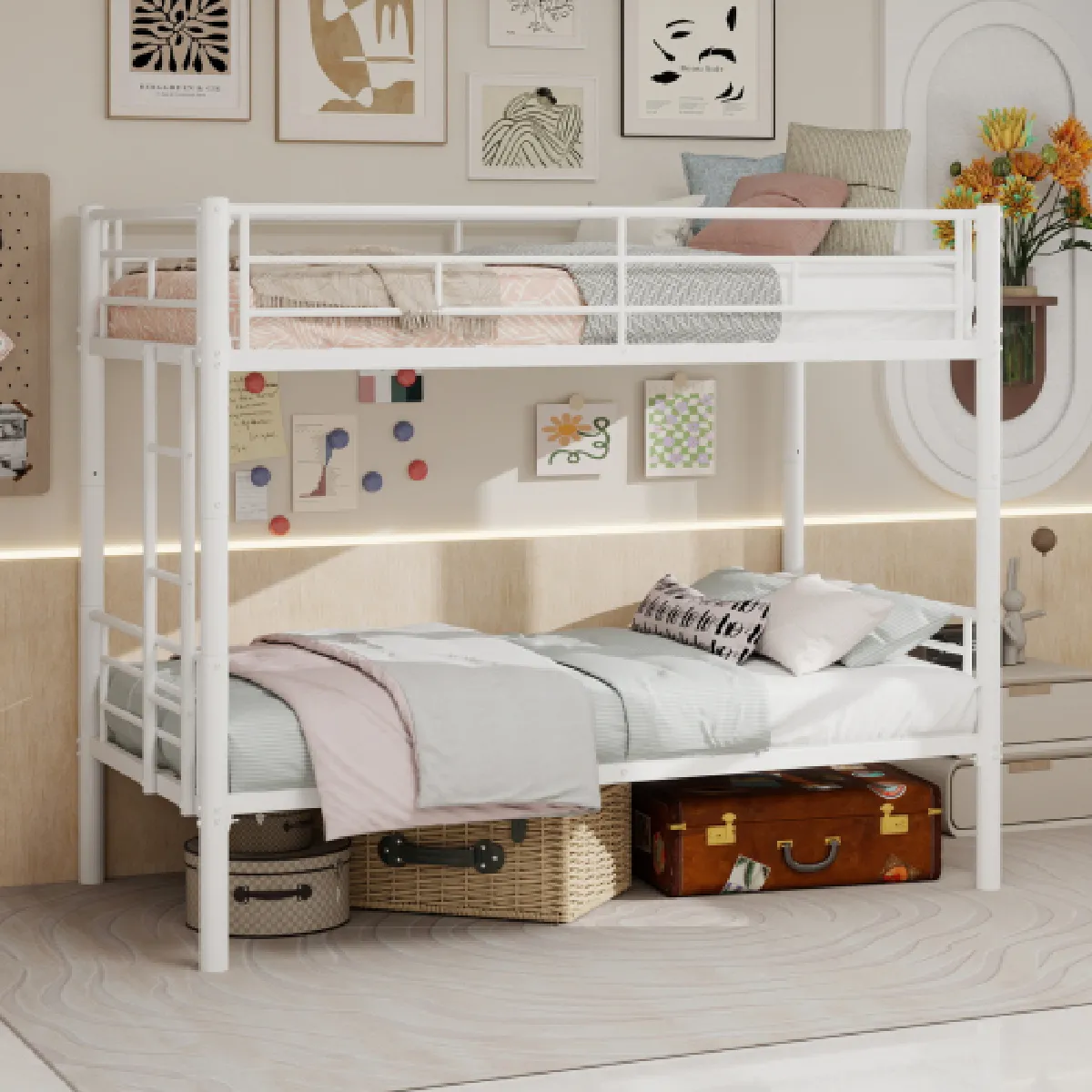 Lit superposé 90x190 cm avec échelles et barrières, en fer, blanc