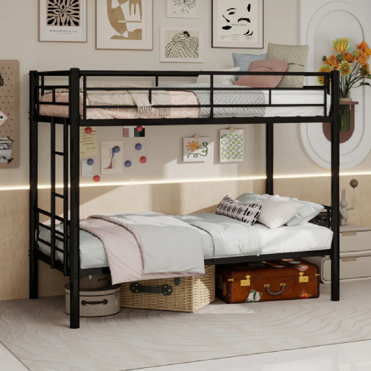 Lit superposé 90x190 cm avec échelles et barrières, en fer, noir