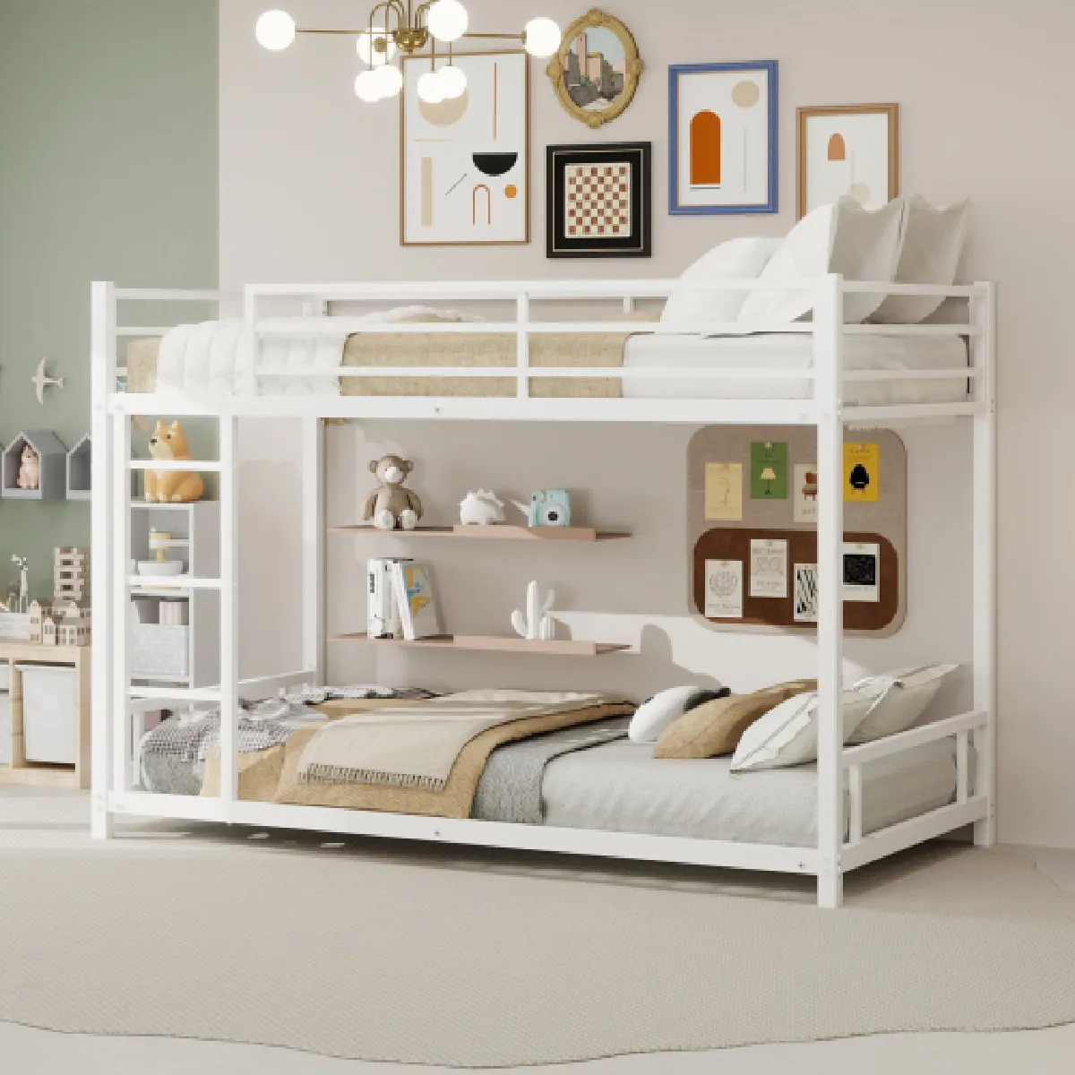 Lit superposé 90x190 cm avec barrière de sécurité, sommier non requis, en fer, blanc