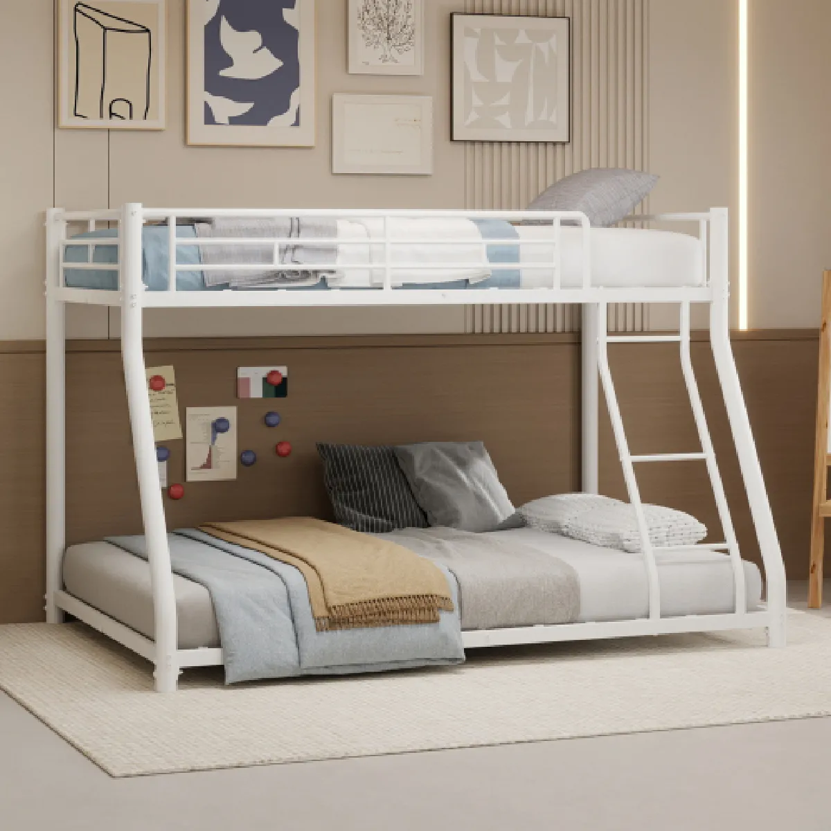 Lit superposé 90x190 cm avec barrière de sécurité sur toute la longueur, en fer, blanc