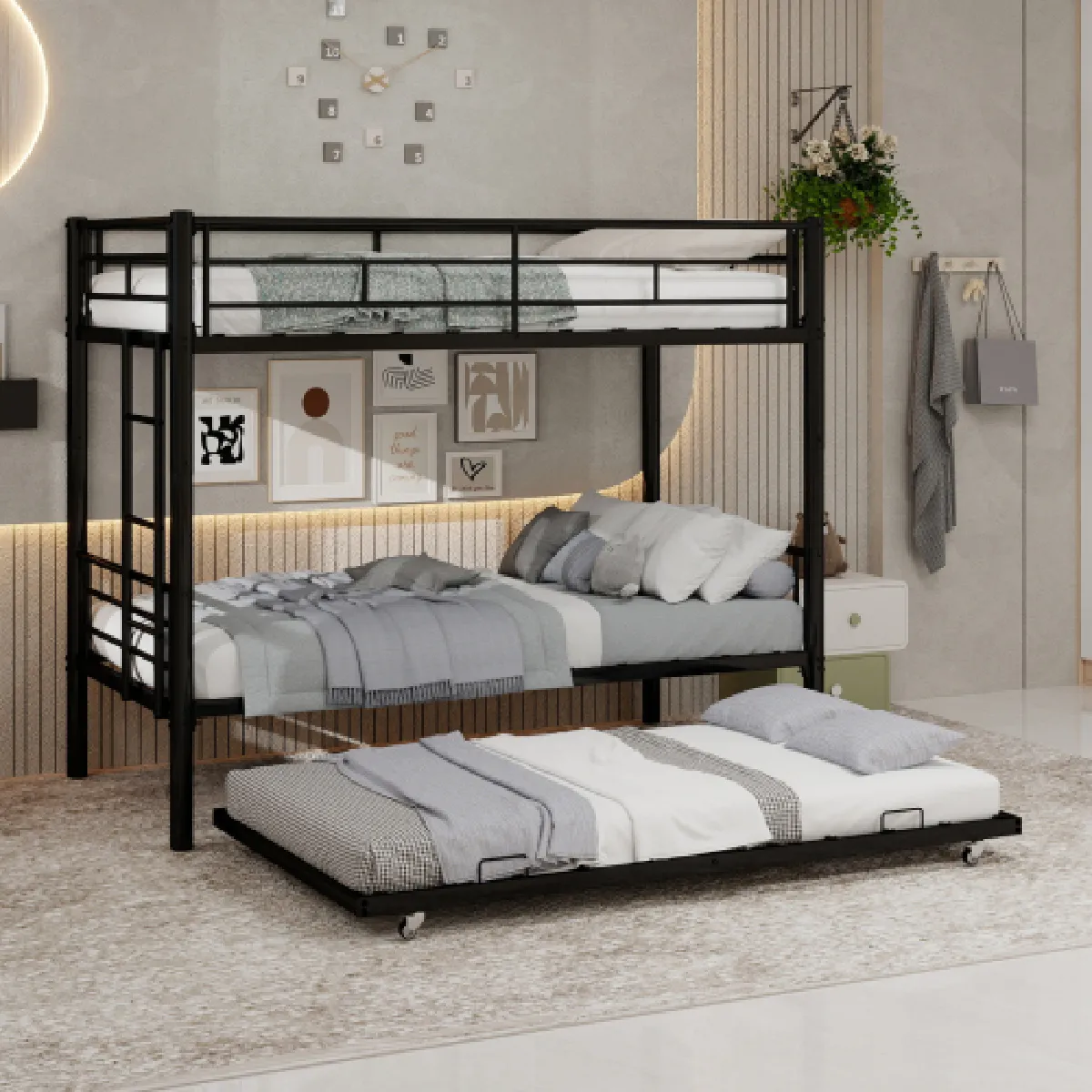 Lit superposé 90x190 cm avec barrière de sécurité, en fer, noir
