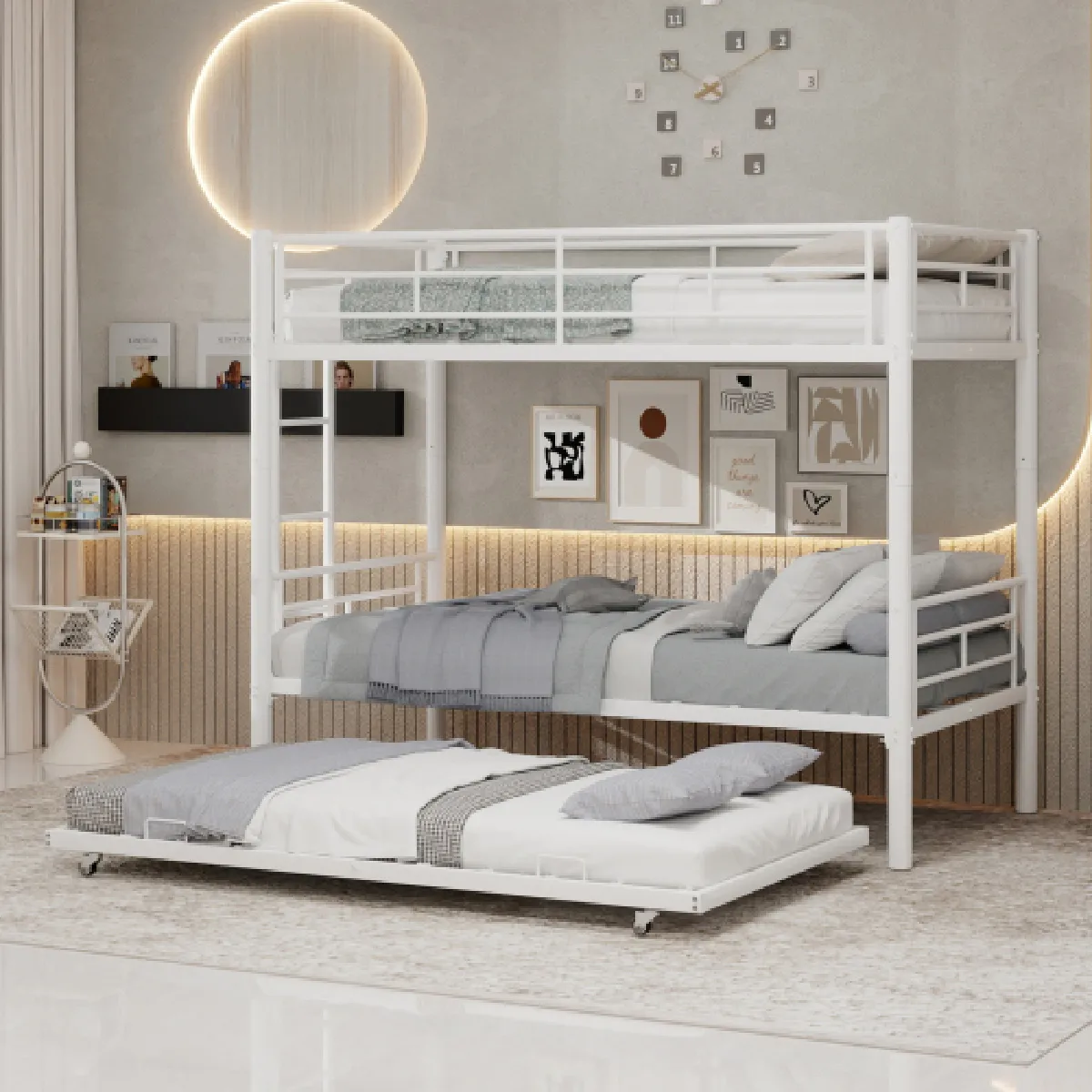 Lit superposé 90x190 cm avec barrière de sécurité, en fer, blanc