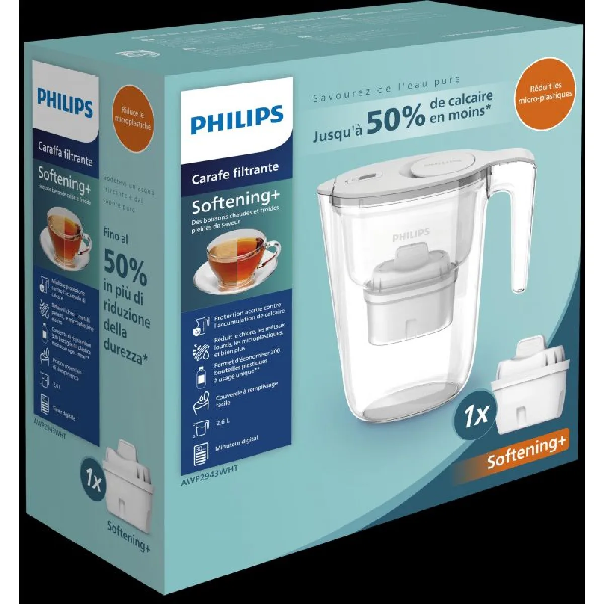 Carafe filtrante 2 6 avec 1 filtre anti calcaire Micro X Clean sofftening+ Philips PHAWP2943WHT/ - vue 2