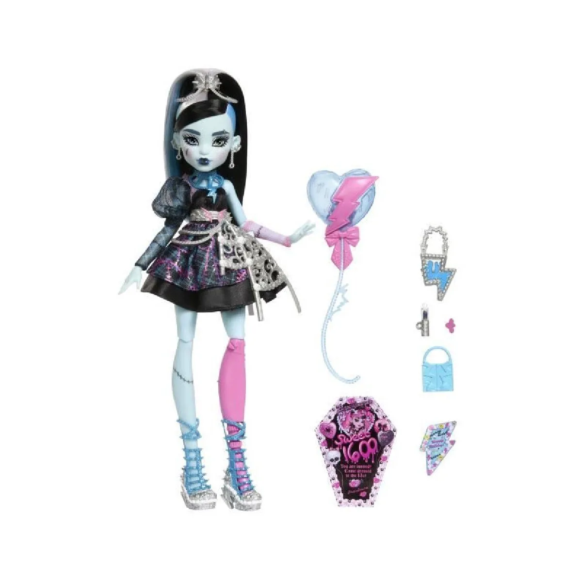 Monster High Poupée Frankie Stein Anniversaire Monstrueusement Mémorable avec robe de fête et accessoires à thèmes dont un ballon un cadeau et un à lèvres JBG75 - vue 9