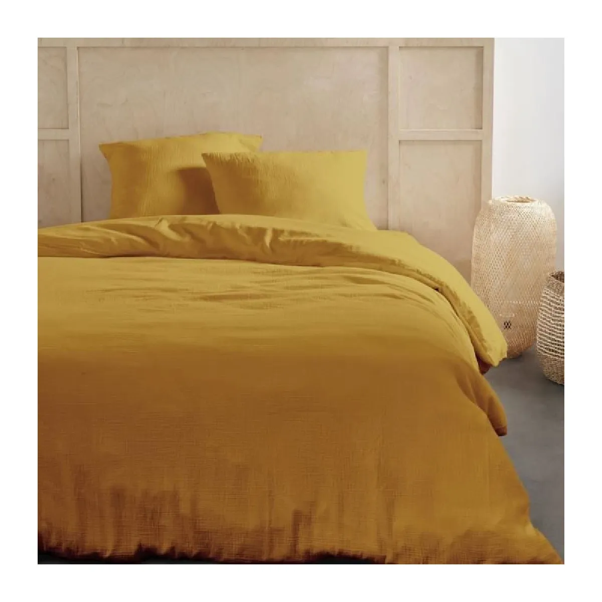 Parure de lit - - 123668 - 2 personnes - 240x220cm - Gaze de coton unie - Ocre
