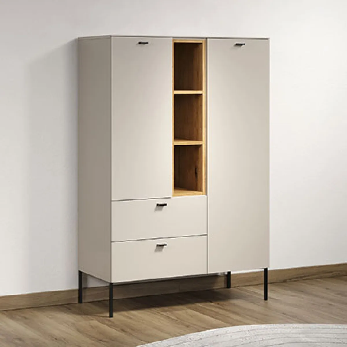 Buffet 2 portes et 2 tiroirs 93x42x140 cm beige et chêne clair - EOLYA