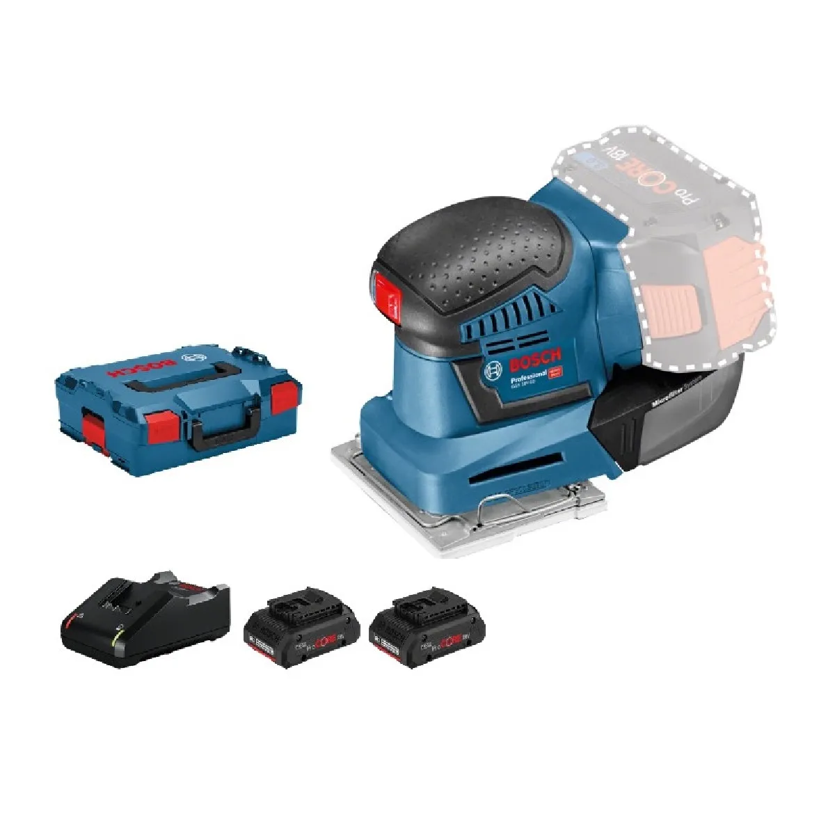 Ponceuse vibrante 18V GSS 18V 10 + 2 batteries Procore 4Ah + chargeur GAL 18V 40 + coffret BOXX BOSCH 06019D020Q - vue 2