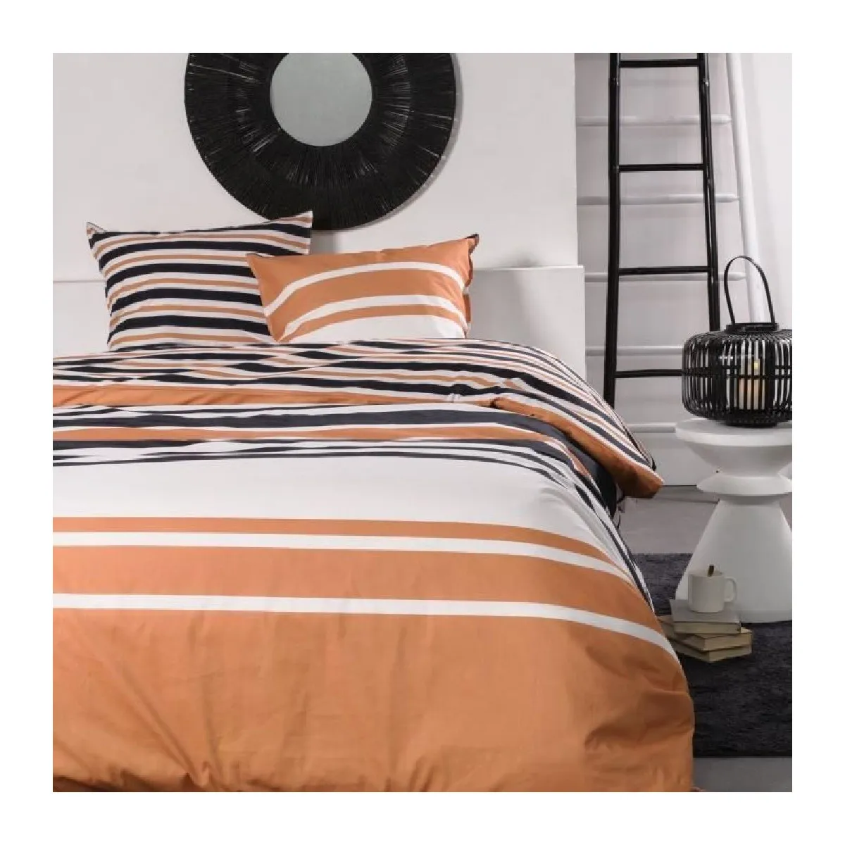 Parure de lit 2 personnes - - 240x200 cm - 100% Coton - Orange, Noir et Blanc