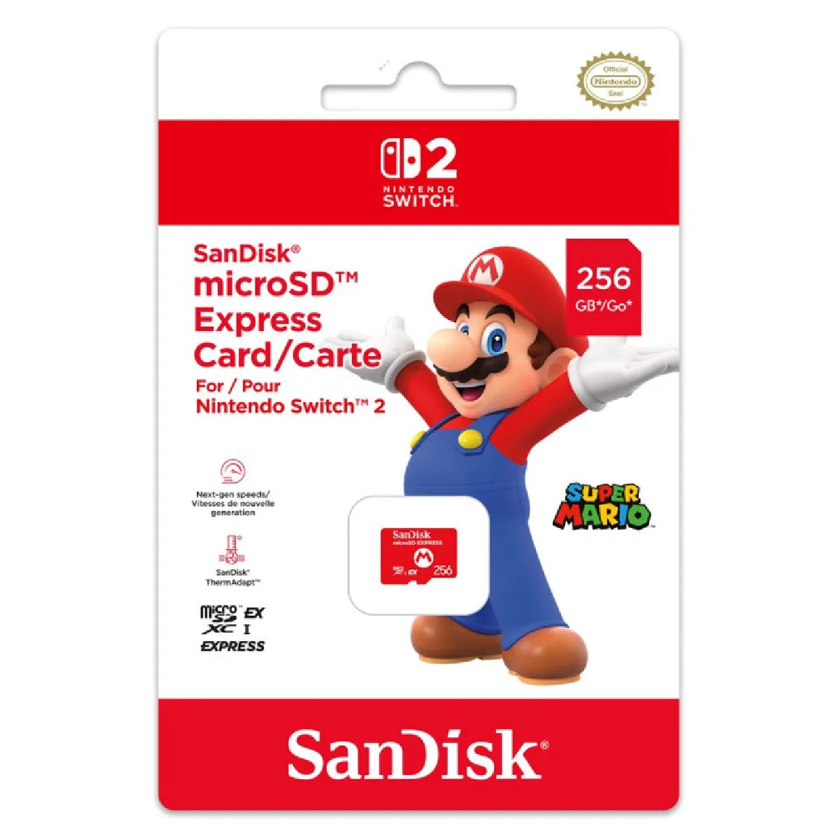 Carte mémoire micro SD express Nintendo Sandisk 256 Go Rouge