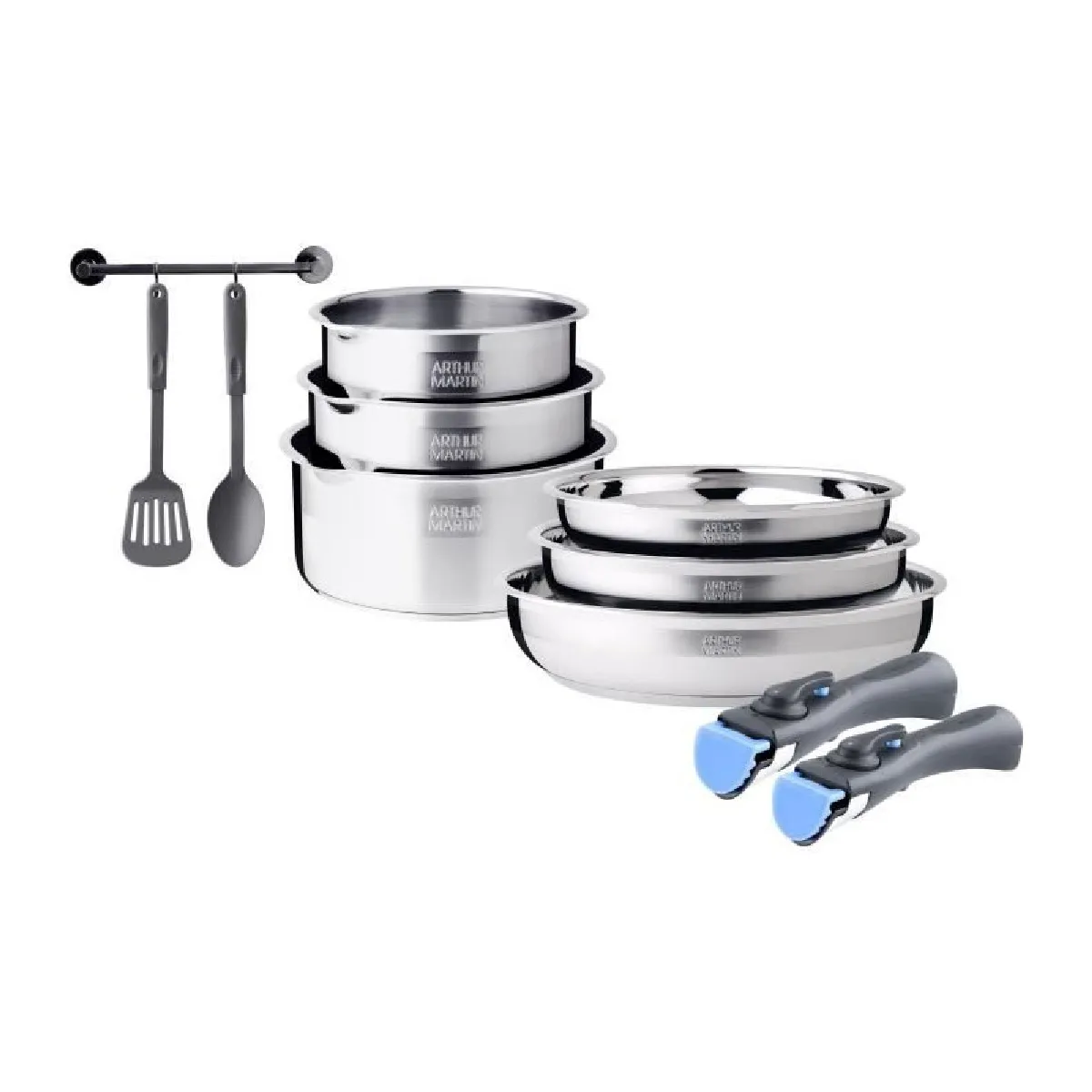 Batterie De Cuisine Arthur Martin AM2493 8 Pièces - Acier Inoxydable Avec Poignée Amovible - Compatible Induction Et Tous Feux