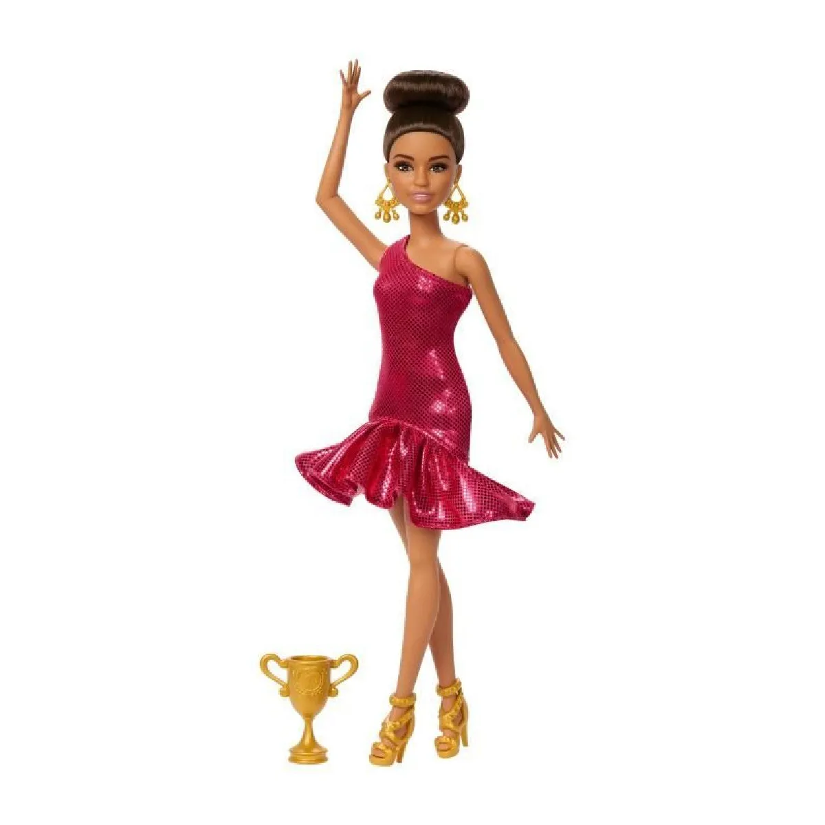 Barbie Poupée Danseuse de Salon et Accessoires avec robe à volants chaussures de danse cheveux coiffés bruns et accessoire trophée de danse JFR09 - vue 8