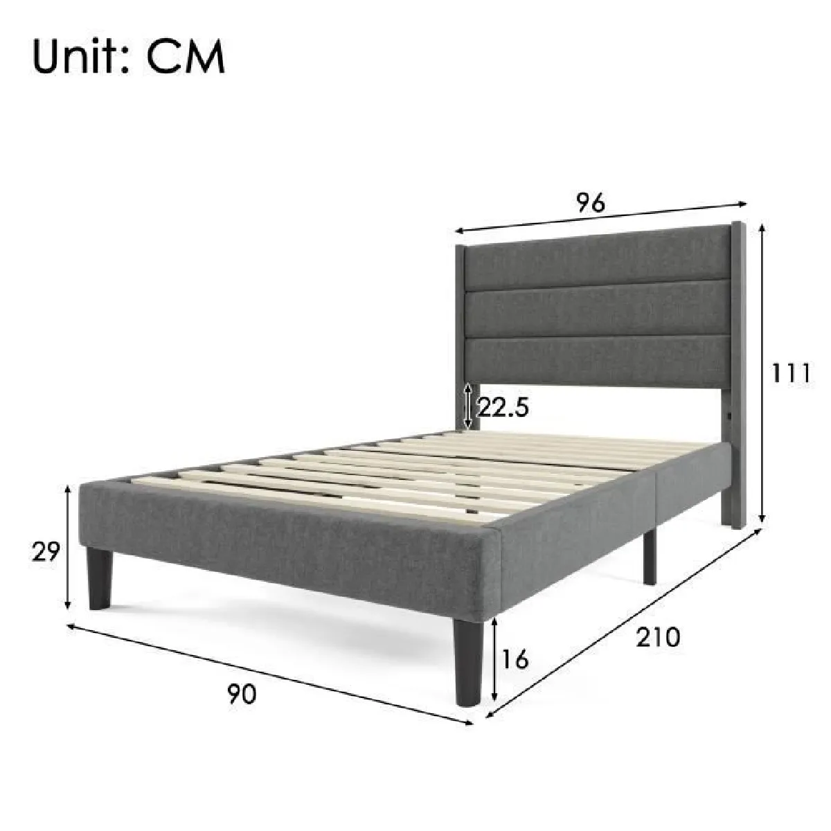 Lit simple rembourré 90x200cm - lit une place - Gris - Style scandinave - Tête de lit - Sommier à lattes