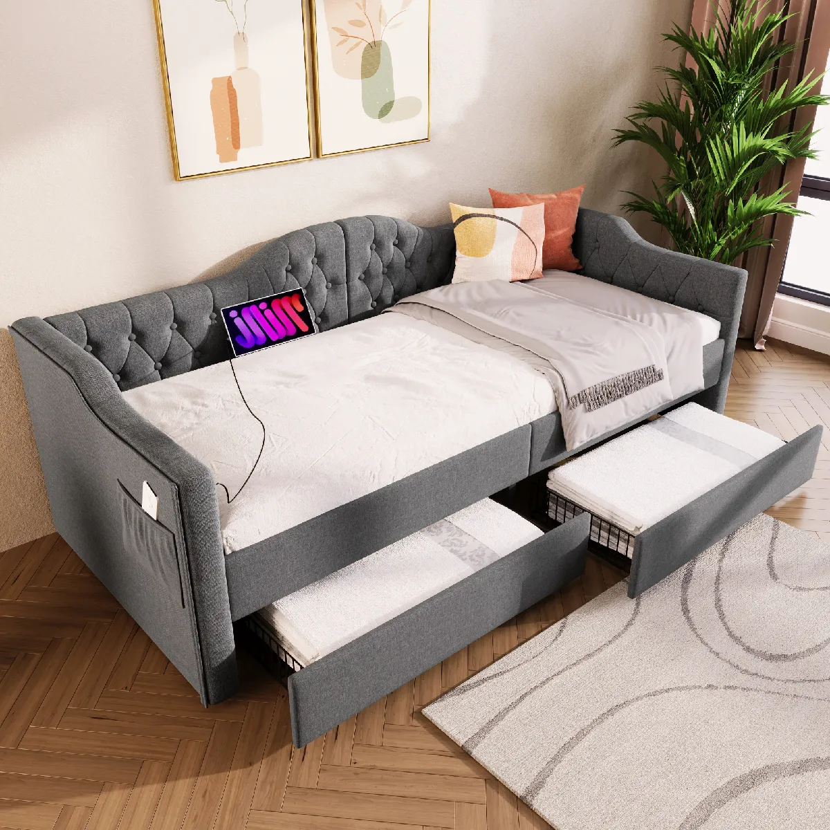 Lit combiné 90x200 cm - Lit gigogne - Gris