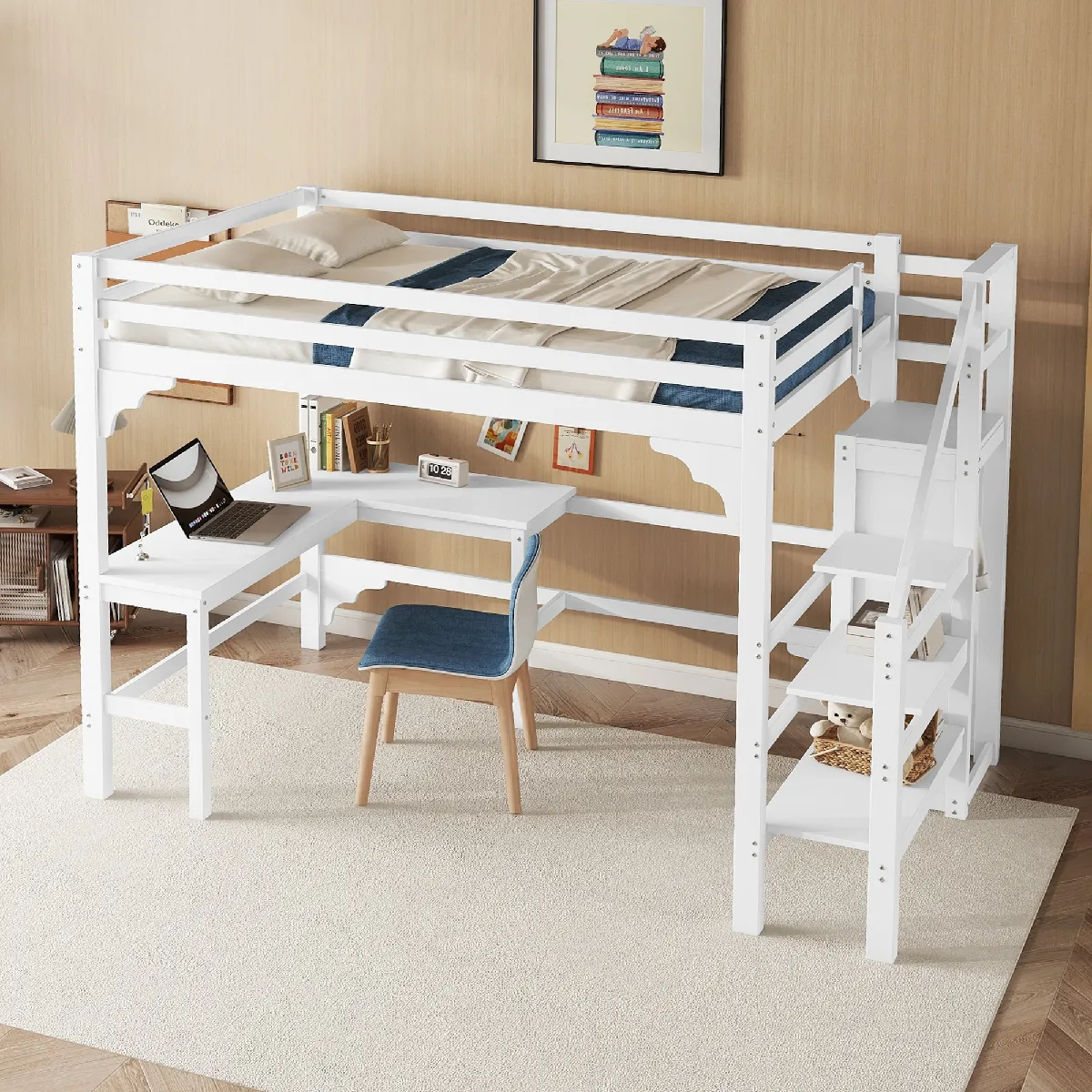 Lit Junior 140x200 cm - Lit Combiné Avec Rangement - Blanc