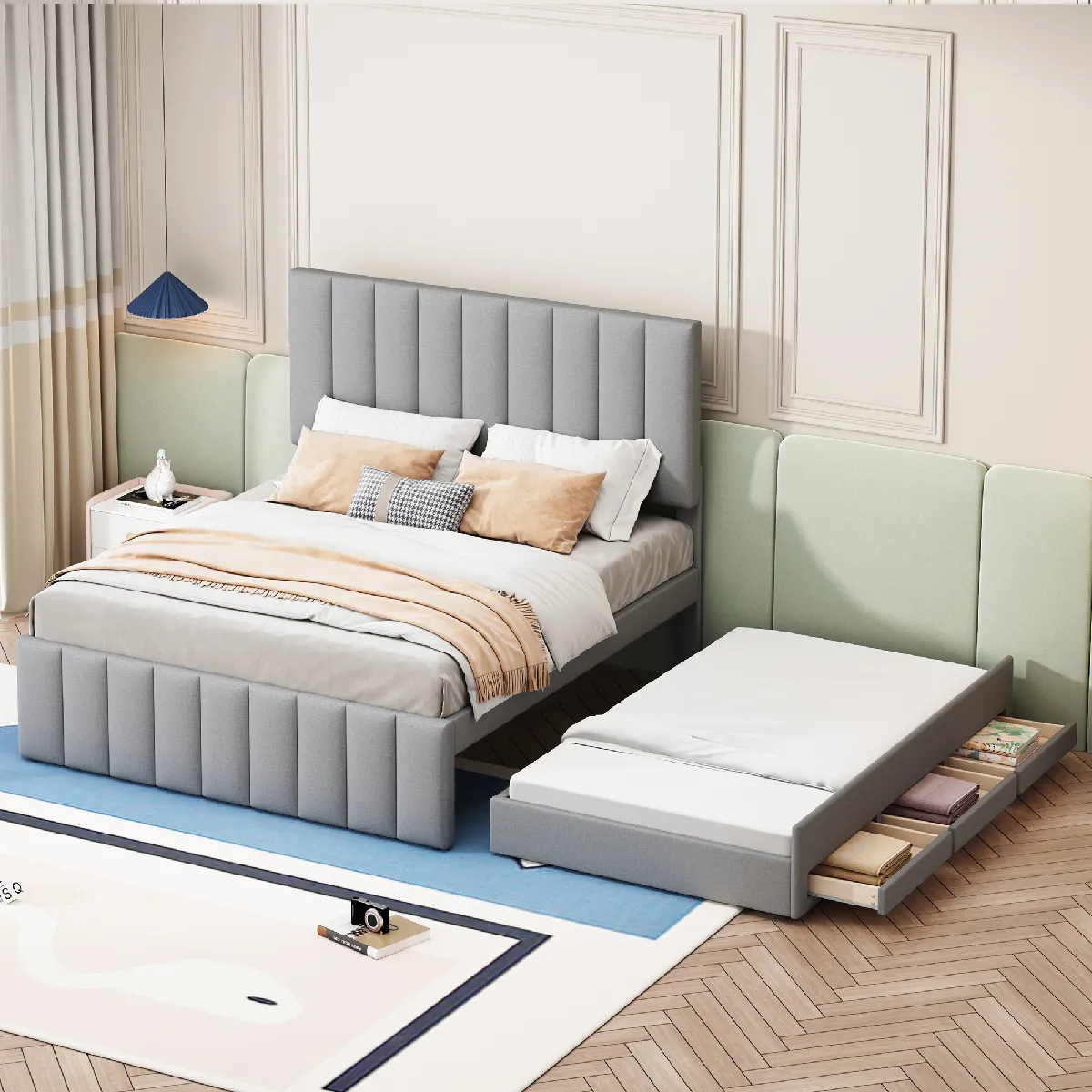 Lit double 140x200 cm - Lit gigogne tiroirs - Gris
