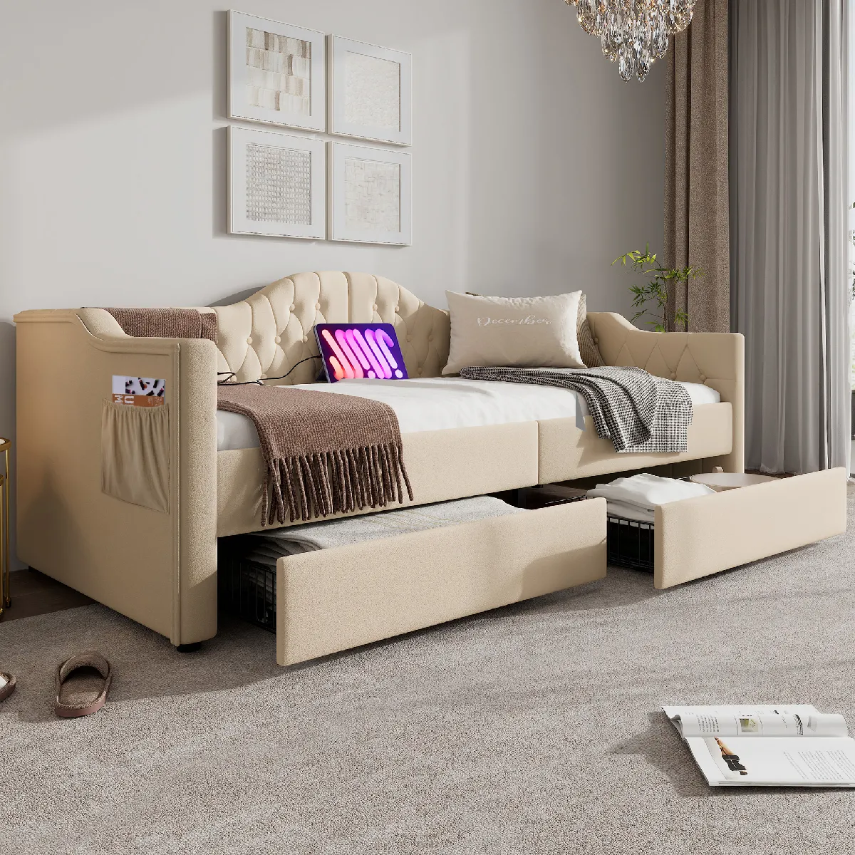 Lit combiné 90 x 200 cm - - Lit avec rangement - Beige