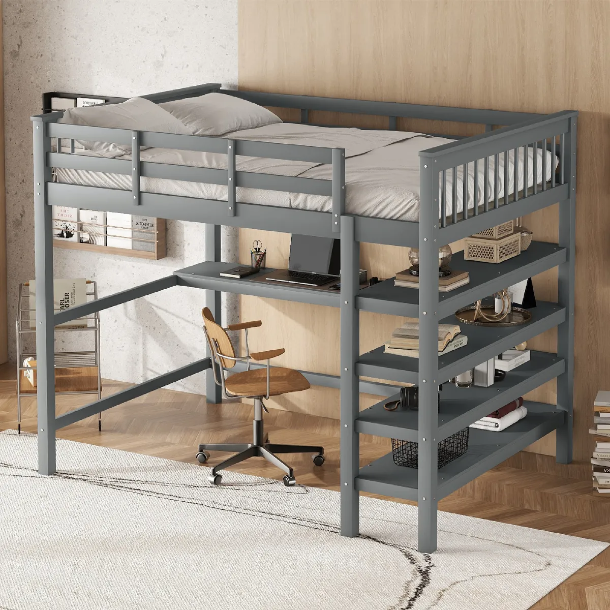 Lit mezzanine 140x200 cm Lit double bois - Gris