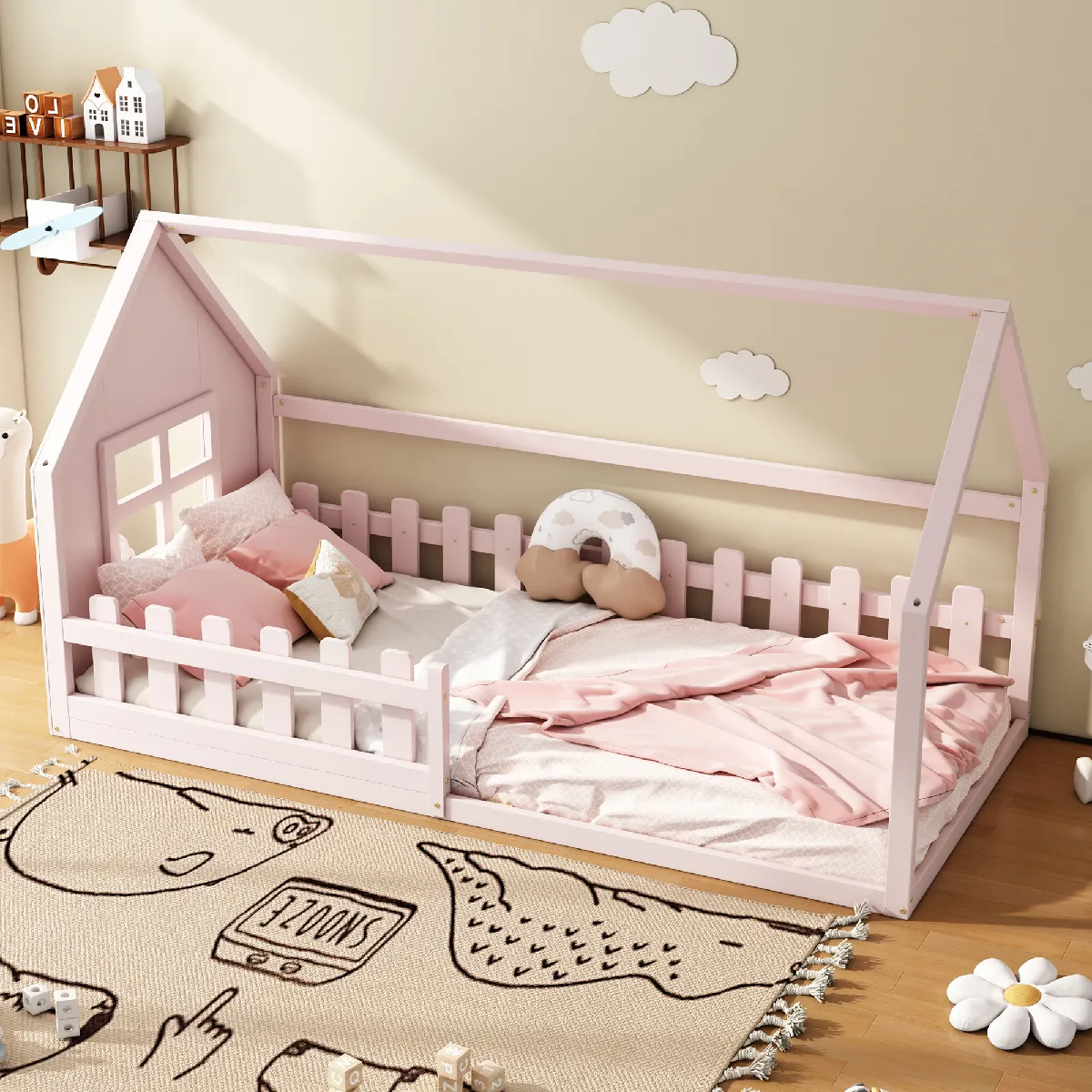 Lit cabane 90x200 cm Lit simple pour enfants - Rose
