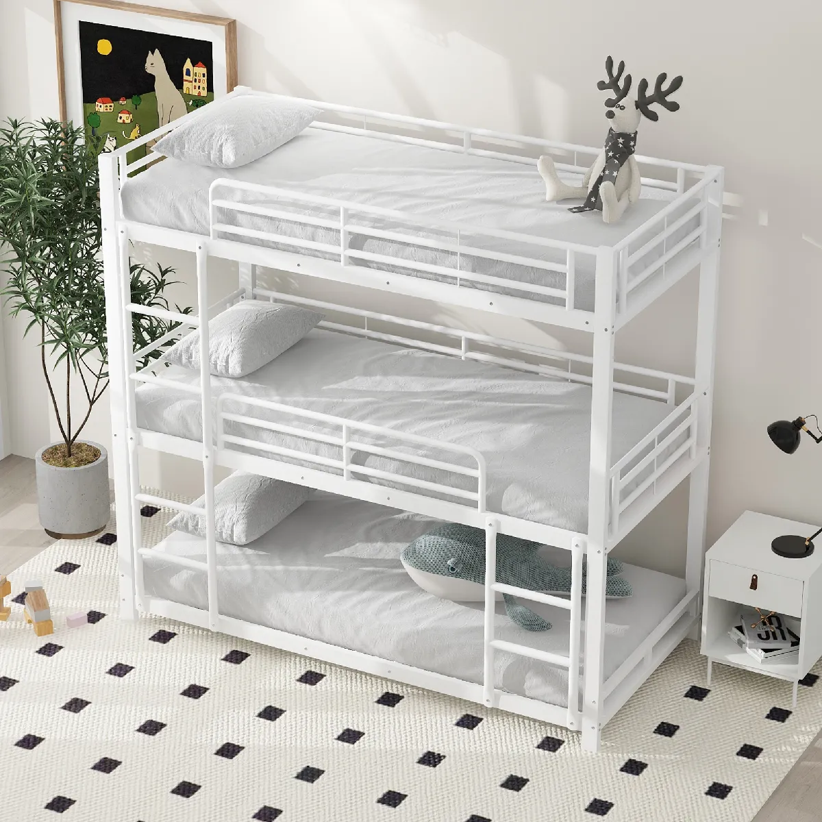 Lit superposé 90x200 cm Lit enfant 3 niveaux - Blanc