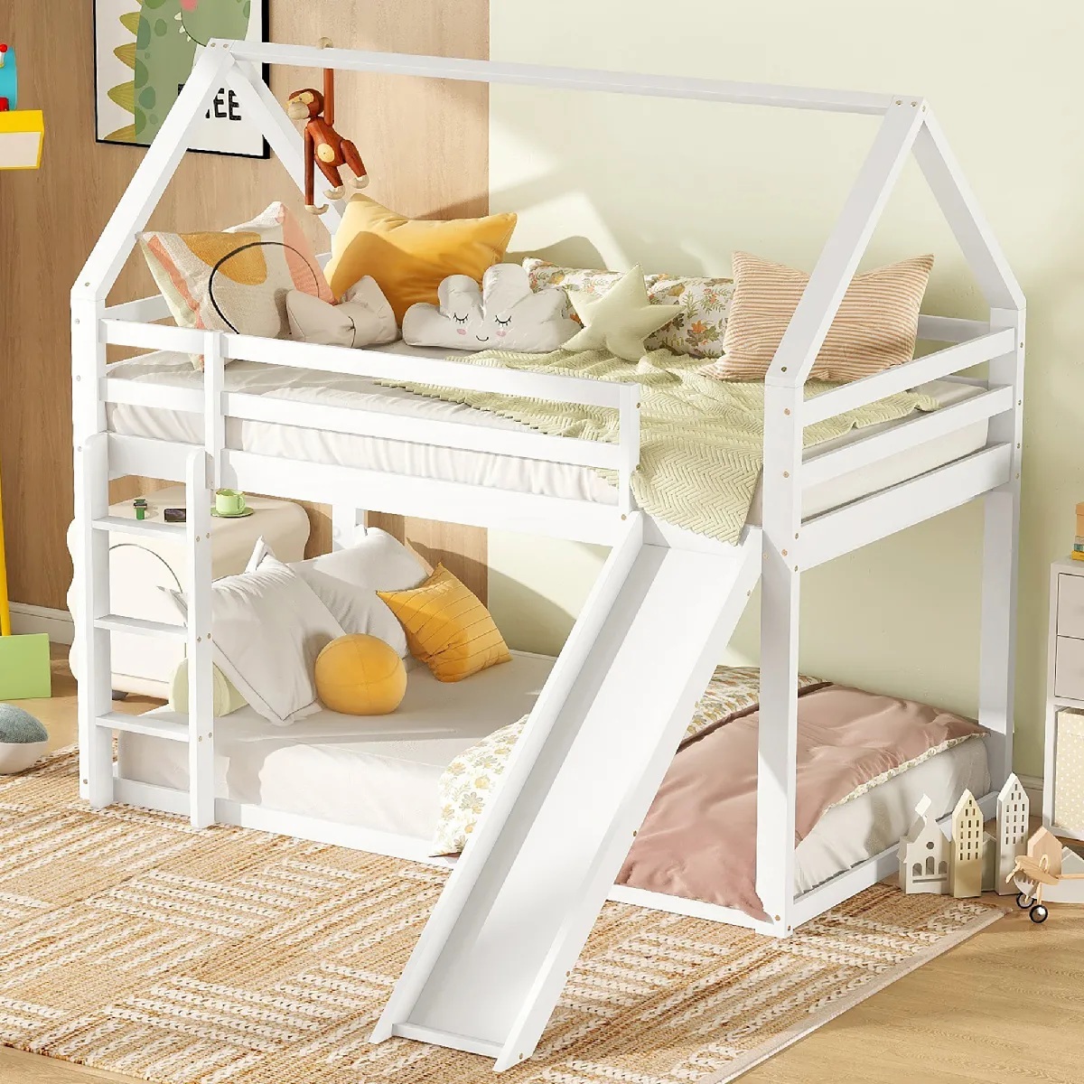 Lit superposé 90x200 cm Lit enfant avec toboggan - Blanc