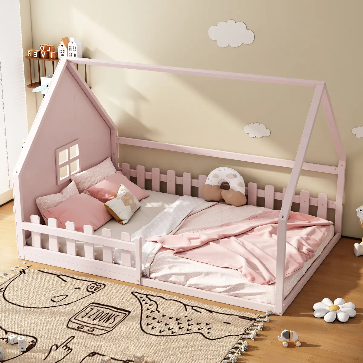 Lit cabane 140x200 cm Lit double pour enfants - Rose